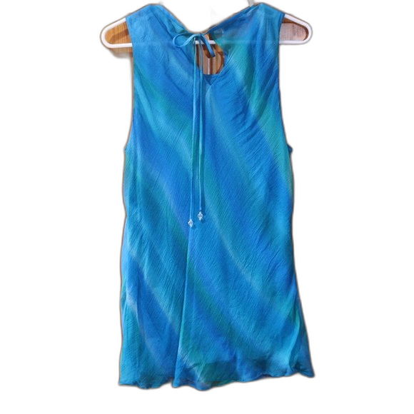 Dana Buchman Blue Sheer Ruffle Key Hole Crystal Tie Long Sleeveless Top Silk 12 - Picture 7 of 10